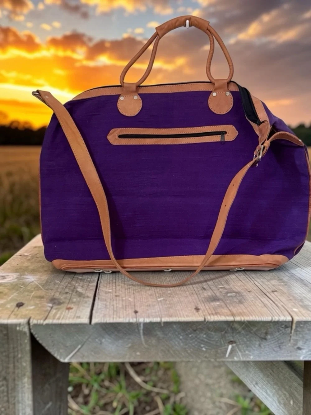 Purple Hand Embroidered Tote with Tan Leather Trim and Multicolor Pattern